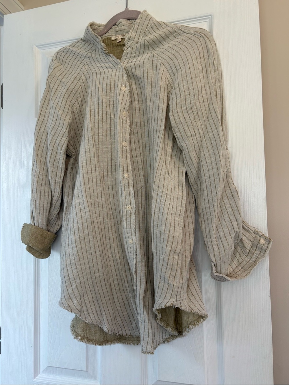 Mystree Beige Striped Button-Front Utility Jacket
